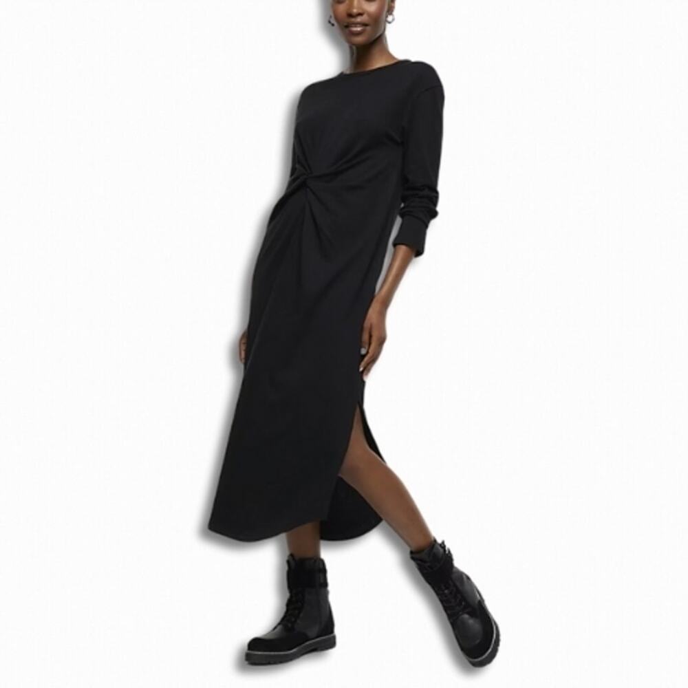 River Island Midi Shift Dress Twist Front Knot Long Sleeve Black Women's 16 NWOT